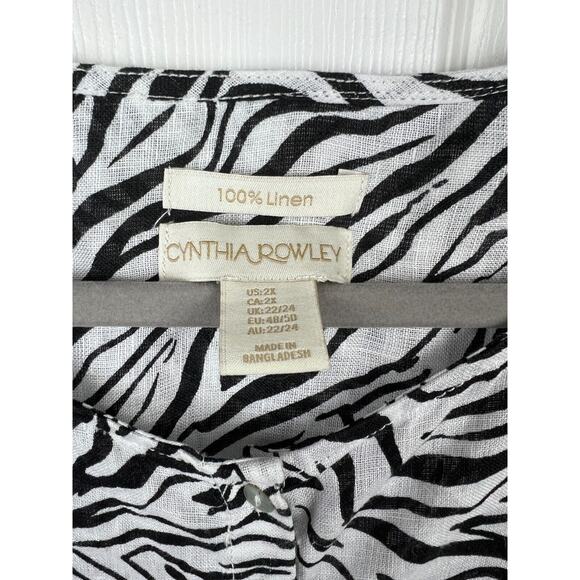 Cynthia Rowley Linen Tunic Zebra Animal Print 2X Blouse Black White Button Up - Picture 4 of 7